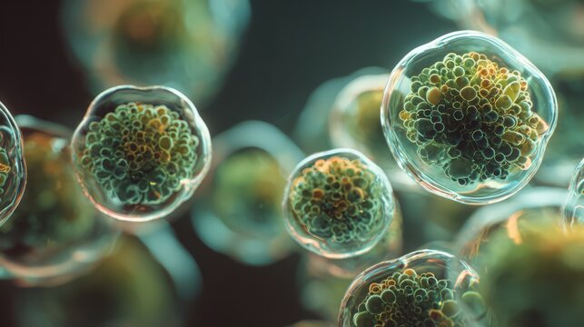 Microscopic view of glowing green biological cells