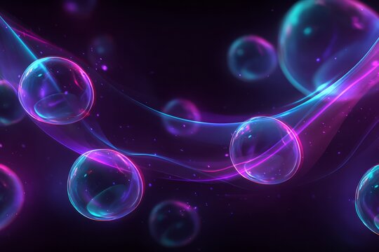 Glowing spheres and neon light trails in motion