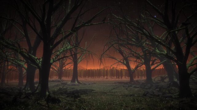 An eerie night forest with black crows perched on bare mossy branches under a crimson twilight sky.