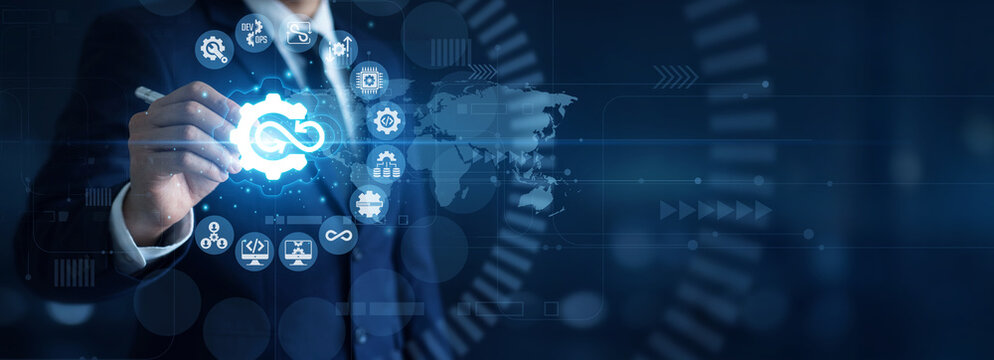 Software delivery. Engineer point of DevOps managing continuous integration pipelines and cloud deployment metrics on virtual computer interface. Agile coding and automation.