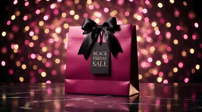 Elegant dark red shopping bag with black bow for a luxury black friday sale event