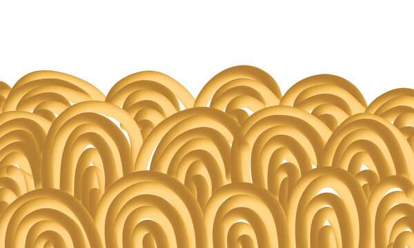 Abstract background pattern of golden wavy ramen noodle shapes arranged in a repeating texture isolated on transparent background for creative food packaging and culinary artistic designs.
