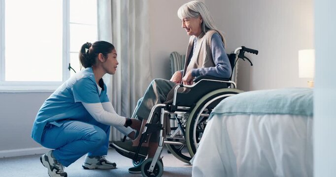 Homecare, caregiver and help old woman in wheelchair for mobility support, safe transfer or service. Healthcare, carer or senior person with disability for geriatric care, assisted living or wellness