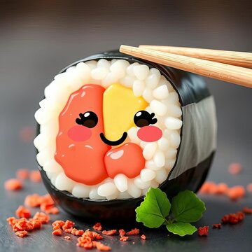 Adorable kawaii sushi with a smiling face and chopsticks, treat, meal