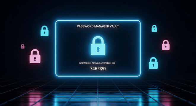 Digital password manager vault interface with glowing neon security icons and authentication code.