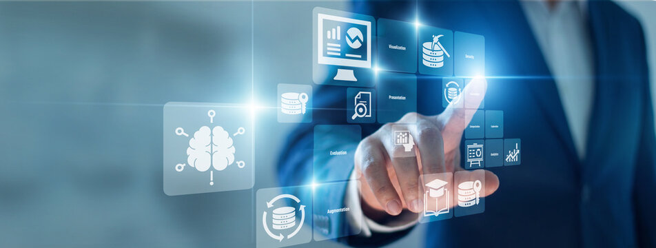Manager hand touch virtual screen accessing Business Intelligence dashboard metrics. Leveraging Business Intelligence to decode market trends and drive profitable corporate decision-making.
