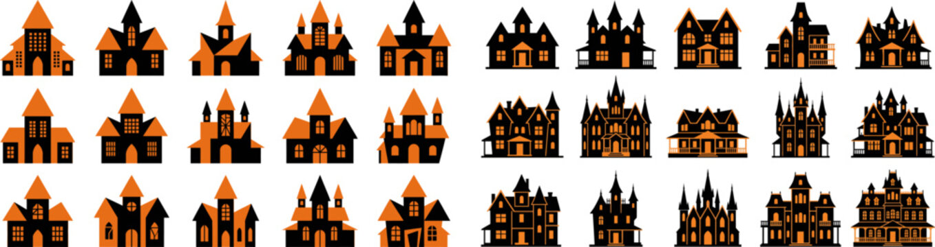 Collection of various miniature gothic haunted houses and spooky castles isolated on a white background for design projects