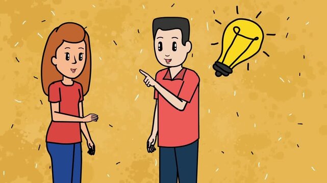 2D animation of a man pointing up with a glowing lightbulb idea icon while talking to a woman solution concept