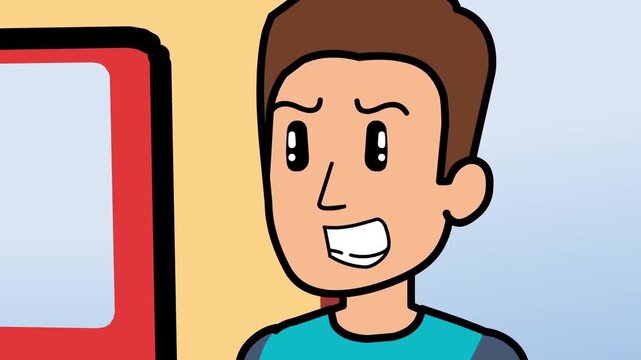 2D animation close up of an angry young man looking out of a window with a serious aggressive expression