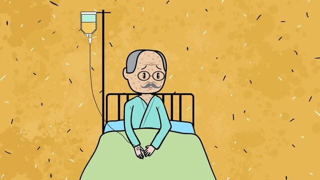 2D animation of a lonely sad elderly male patient sitting in a hospital bed with an IV drip medical care concept