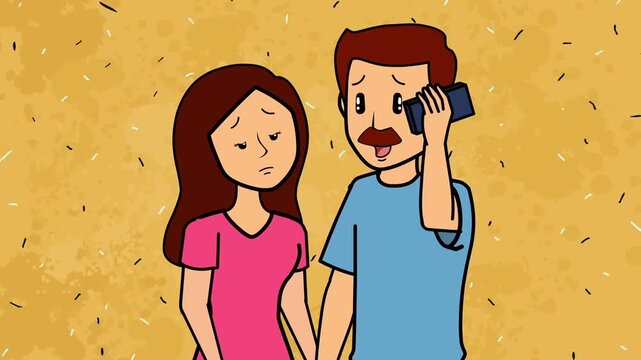 2D animation close up of a worried husband and wife talking on a mobile cell phone emergency problem concept