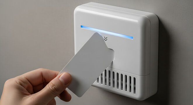 Close-up of a hand inserting a blank white card into a white electronic access control device mounted on a gray wall.
