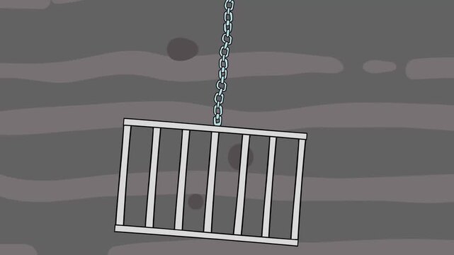 2D animation of a metal prison cage hanging by a chain in a dark underground stone cave dungeon concept