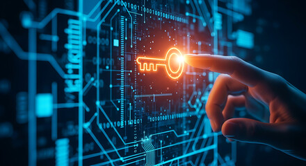 Fototapeta premium Digital key unlocking access to futuristic technology and data security concept.