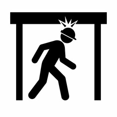 Fototapeta premium Industrial Low Headroom Warning Pictogram with Worker Hitting Overhead Beam Black Silhouette Isolated on White Background