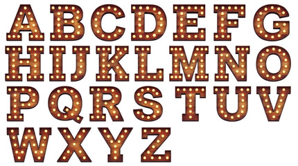 Naklejka premium Vintage Wooden Marquee Alphabet Letters with Glowing Light Bulbs Isolated on White Background, Retro Signage for Carnival and Theater Decor