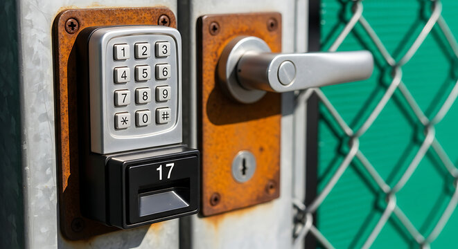 Close-up of a rusty metal door with a keypad lock and a silver handle on a green chain-link fence.