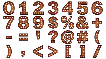 Fototapeta premium Vintage Wooden Marquee Numbers and Symbols with Glowing Light Bulbs Isolated on White, Retro Signage for Theater Decor