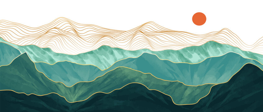 Mountain landscape watercolor painting illustration with line art pattern. Abstract contemporary aesthetic backgrounds landscapes. mountains, hills, sun and skyline