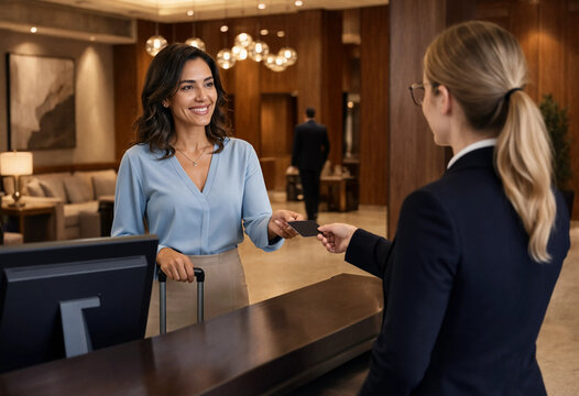 Luxury Hospitality Latina Hotel Guest Finalizes Check-In at Front Desk