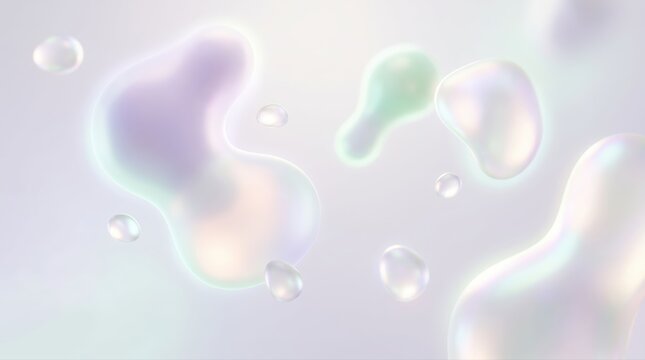 Abstract background with pastel colored iridescent light liquid bubbles and drops in motion.