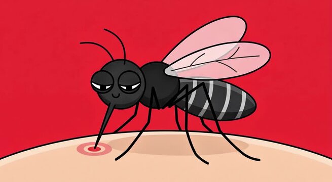 Cute cartoon mosquito biting human skin vector illustration isolated on red background for dengue fever and malaria disease awareness campaign