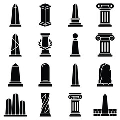 Fototapeta premium Set of architectural pillars and obelisk icons with architecture monument classical structure building heritage landmark construction archaeology ornament isolated silhouette collection