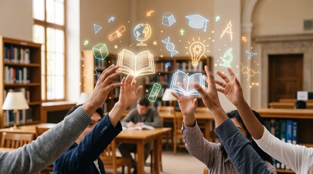 Students reaching for glowing books and education icons in library, e-learning, knowledge acquisition, academic research, science, innovation, graduation, school supplies
