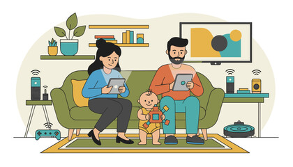 Fototapeta premium Family relaxing in a smart home living room using tablets while their baby plays and a robot vacuum cleans nearby.