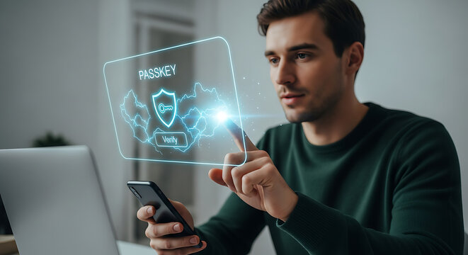 Young man using a smartphone to authenticate a digital passkey on a holographic interface.