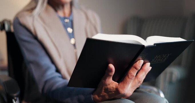 Reading, bible and senior woman in wheelchair, Christian and worship with holy scripture or religion. Praise, God and old person with disability, faith and studying spiritual guide in nursing home