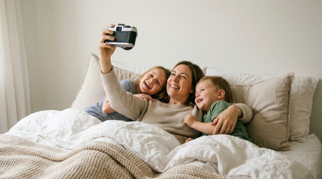 Happy mother and two young children taking a selfie with a vintage camera while relaxing together in a cozy white bed