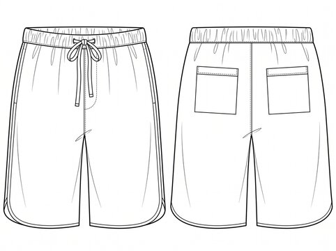 Men loose fit sweat shorts flat lay technical sketch with dual back patch pockets elastic waist and side entry pockets