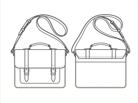 Flap closure messenger crossbody bag technical CAD sketch front and rear perspective showing adjustable strap and grab handle