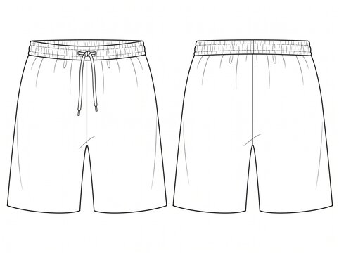 Basic athleisure sweat shorts technical fashion drawing template with elasticized waist drawstrings and side seam construction
