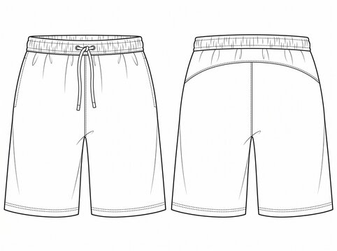 Athleisure sweat shorts technical CAD fashion sketch showing elastic waist drawstring detail and side slant pocket construction
