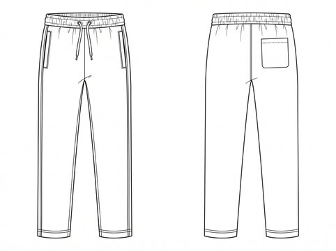 Straight leg track pants vector technical CAD template front and rear view with elasticized waistband and rear patch pocket