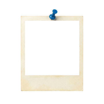 Vintage polaroid photo frame with a blue push pin