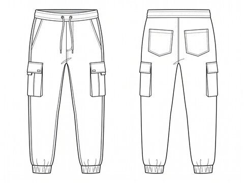 Modern urban cargo jogger pants flat lay fashion vector illustration showing front and rear outline with spacious side utility flap pockets