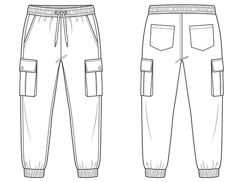 Casual menswear cargo jogger sweatpants technical vector specification template with front and back perspective showing pocket placement and cuff details