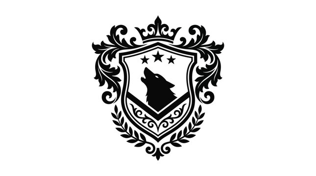 Ornate heraldic wolf head crest with flourishes.
