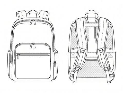 Travel school backpack CAD flat technical drawing displaying front and rear view with padded shoulder straps top grab handle and front zip pocket