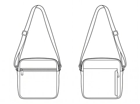 Compact crossbody sling messenger bag vector technical template displaying front and rear view with zip closure and adjustable web strap