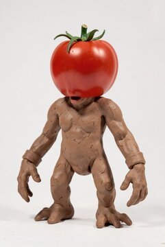 Tomato-headed clay figure toy sculpture standing against white background, surreal whimsical character design