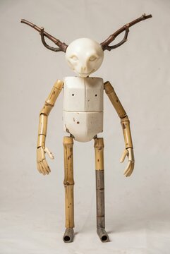 Bamboo Art Sculpture with Antler Headpiece &ndash; Abstract Humanoid Figure Made of Natural Materials