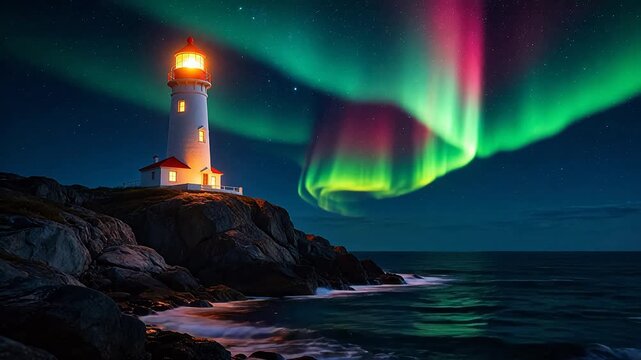Lighthouse under northern lights