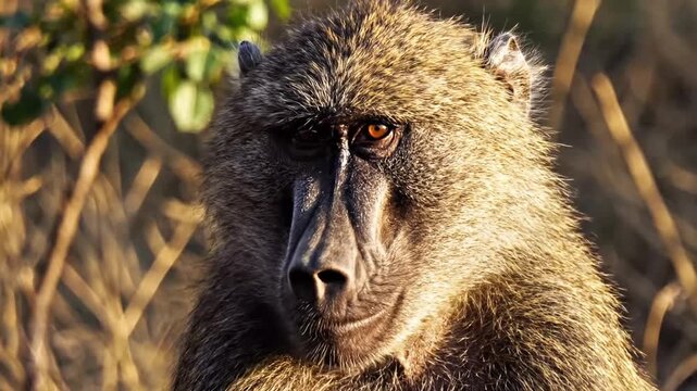 Close-up portrait of a powerful baboon with intense orange eyes in nature