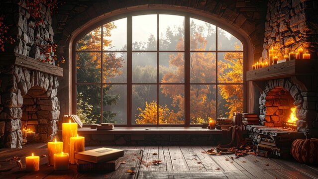 Cozy cabin interior with burning stone fireplace, lit candles, books, and large window overlooking autumn forest