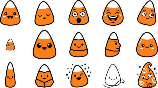 Set of cute candy corn characters with various funny facial expressions for halloween holiday design projects
