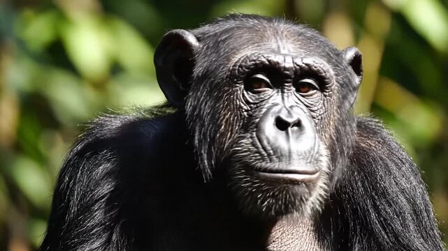 Close-up portrait of a powerful chimpanzee outdoors in natural habitat